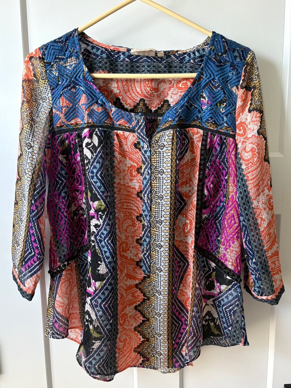 Vanessa Virginia by Anthropologie boho 3/4 sleeve embroidered blouse size 8
